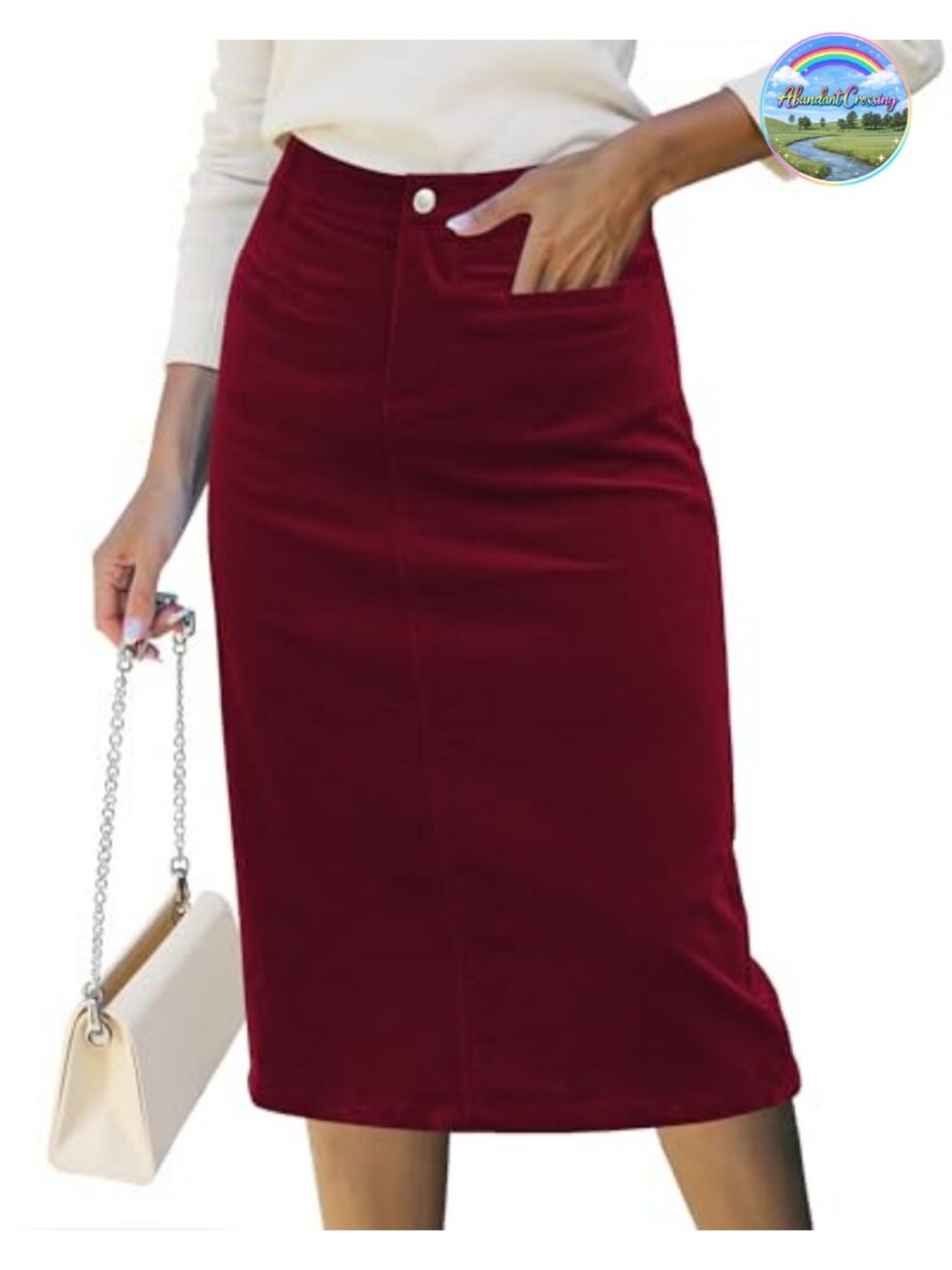 Corduroy Midi Skirt High Waisted Elastic Waist Welt Pockets Work